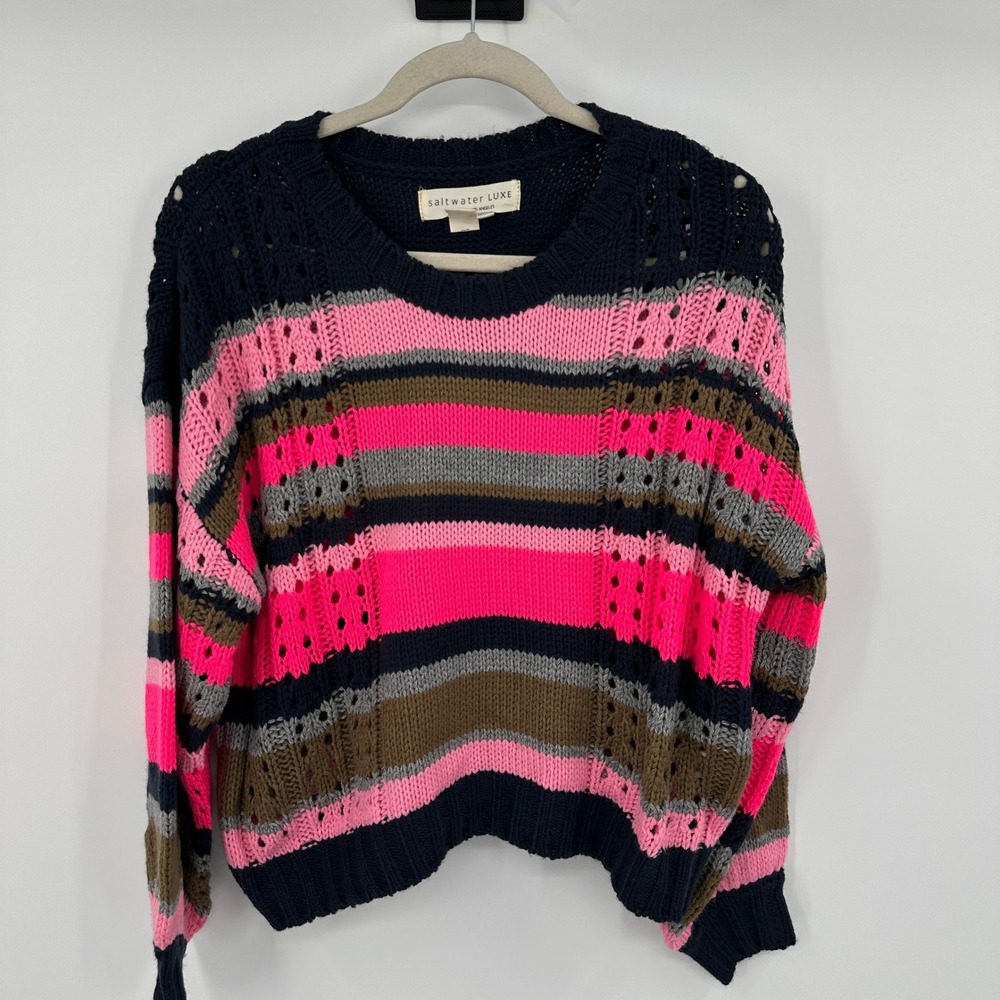 Saltwater Luxe Striped Knit Sweater Pink Blue Grey Brown Oversized Medium